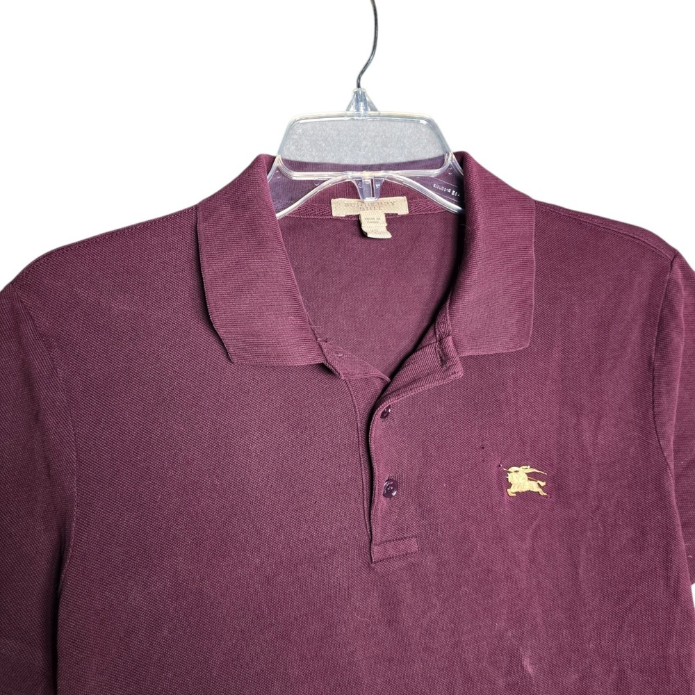 Burberry Brit Polo Shirt Mens XS Red Burgundy Metallic Metal Logo‎ Cotton Pique